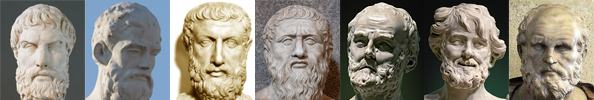 Collagebild filosofer Epikuros, Parmenides, Platon, Herakleitos, Empedokles, Demokritos, Diogenes